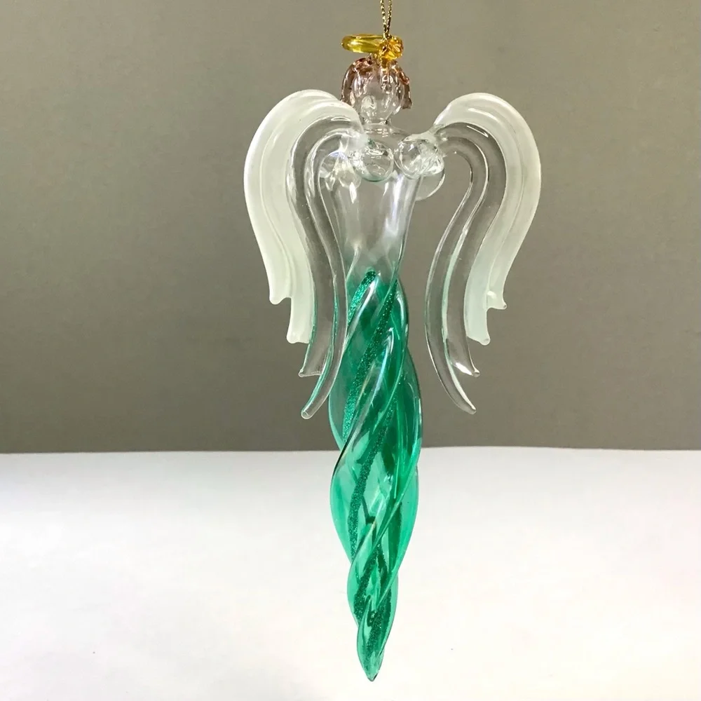 Angel Icicle Christmas Ornament Green Glitter Twisted Swirl Acrylic Wings Horn